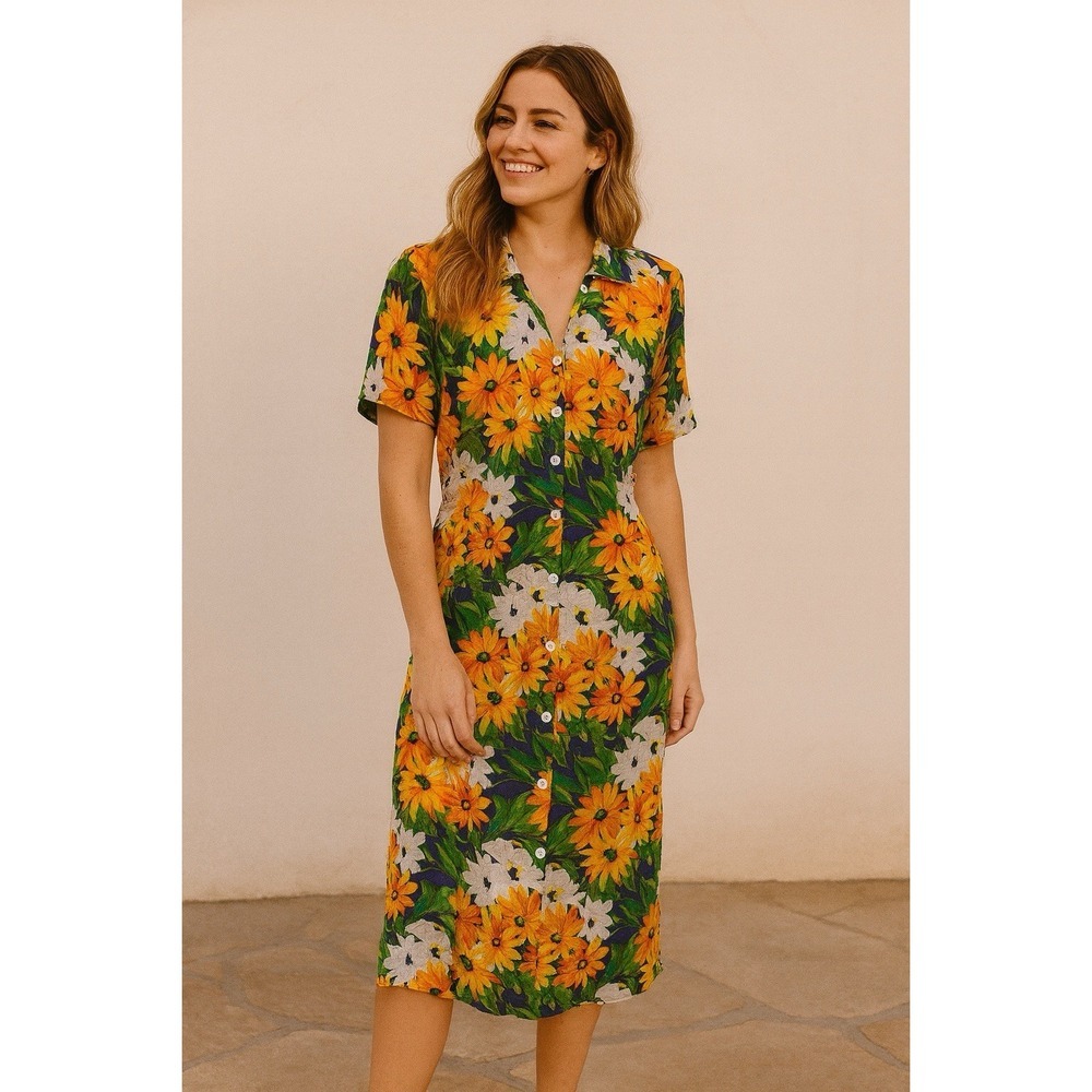 La Cera‎ Womens Midi Shirt Dress Medium Yellow Floral Button Front Short Sleeve